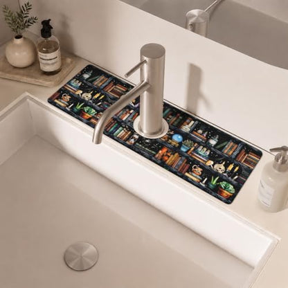 Halloween Kitchen Sink Splash Guard Faucet Mat,Black Witches Bookshelf Skulls Halloween Faucet Non-slip Absorbent Mat,Farmhouse Sink Splash Guard Behind Faucet for Kitchen Bathroom,15"x5.5" - color: Drying Faucet Mat 16