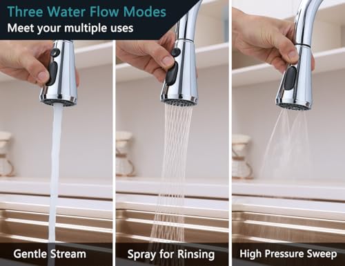 Chrome Pull Down Kitchen Faucet Head Replacement with 9 Adapters | 3-function spray, stream, spray & high-pressure rinse, 9 adapters, fits most faucets, removable aerator, no tools needed - color: Chrome Finish