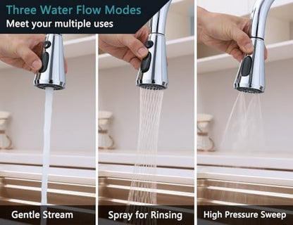 Chrome Pull Down Kitchen Faucet Head Replacement with 9 Adapters | 3-function spray, stream, spray & high-pressure rinse, 9 adapters, fits most faucets, removable aerator, no tools needed - color: Chrome Finish