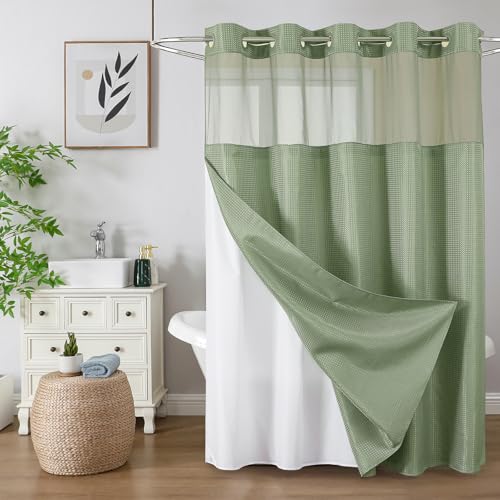 Colorful Star No Hook Shower Curtain with Snap in Fabric Liner, Waffle Weave Heavy Duty Thick Shower Curtains with Mesh Top Window, Hotel Style Waterproof Bathroom Curtain Set, 72'' x 87'', Sage Green - color: Sage Green, size: 72"W x 87"L (Pack of 1)