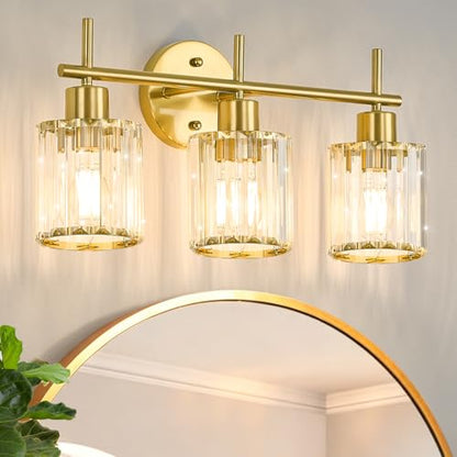 Brushed Gold Bathroom Light Fixtures, Round, 3-Light | Vanity Lights with Crystal Shades, Modern Bathroom Lighting Fixtures over Mirror (Bulbs Not Included, E26) - color: Brushed Gold (Round), size: 3-Light