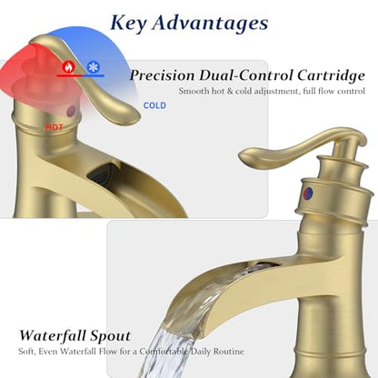 BWE Solid Brass Brushed Gold Waterfall Bathroom Faucet for Modern & Classic | Wide Waterfall Spout, Ceramic Cartridge, Fits 1 or 3-Hole Sink, Single Handle, Hardware Kit Included, Not for Vessel Sink - color: Brass Gold