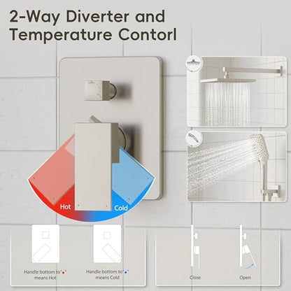 Gabrylly Shower System, 10" Shower Faucet Set with Handheld,Brushed Nickel | Wall Mounted High Pressure Rain Shower Head with 3-Setting Handheld, Pressure Balance Shower Valve Kit Set for Bathroom - color: Nickel