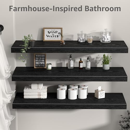 QEEIG 12" Deep Floating Shelves for Wall - 12 x 36 inch Book Shelf Bathroom Bedroom Kitchen Living Room Hanging Bookshelf Farmhouse Set of 3, Black (026-90B3) - color: B. Black, size: 35.4" x 12"