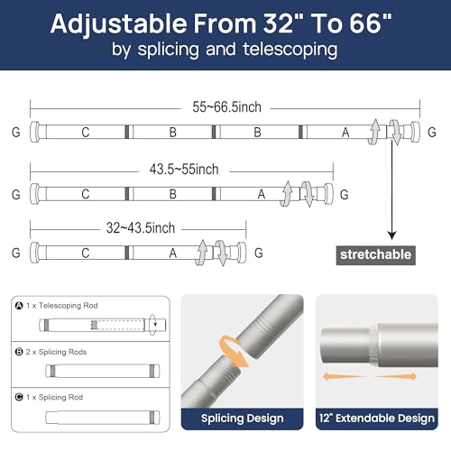 ENJOYBASICS 2 Pack Tension Curtain Rod, 32-66" Adjustable, Stable, Nickel | Secure Hold with Strong Spring & Non-Slip Ends, No-Drill, No Tools, Sag-Resistant, Waterproof, Fits Windows, Showers & Closet - color: Nickel, size: 32-66"