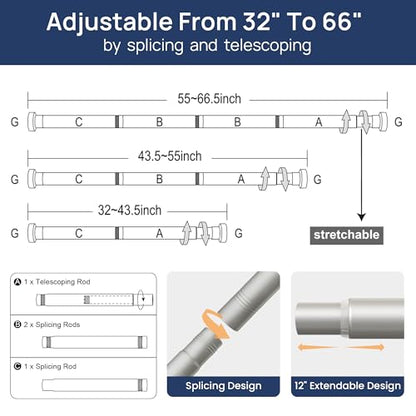 ENJOYBASICS 2 Pack Tension Curtain Rod, 32-66" Adjustable, Stable, Nickel | Secure Hold with Strong Spring & Non-Slip Ends, No-Drill, No Tools, Sag-Resistant, Waterproof, Fits Windows, Showers & Closet - color: Nickel, size: 32-66"