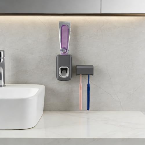 Toothbrush Holder Wall Mounted with Cover for Bathroom, 2 Slots Toothbrush Storage Organizer for Shower, Self Adhesive Toothbrush Hanger with Automatic Toothpaste Squeezer Dispenser