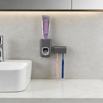 Toothbrush Holder Wall Mounted with Cover for Bathroom, 2 Slots Toothbrush Storage Organizer for Shower, Self Adhesive Toothbrush Hanger with Automatic Toothpaste Squeezer Dispenser