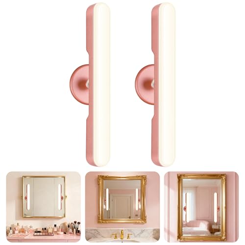 Set of 2 Wireless Vanity Makeup Lights for Mirror, Rechargeable LED Stick On Light Bar for Bathroom Mirror with Dimmable 3 CCT, Long Battery Life Cordless Light Valentine’s Day gift for Women(Pink) - color: Pink