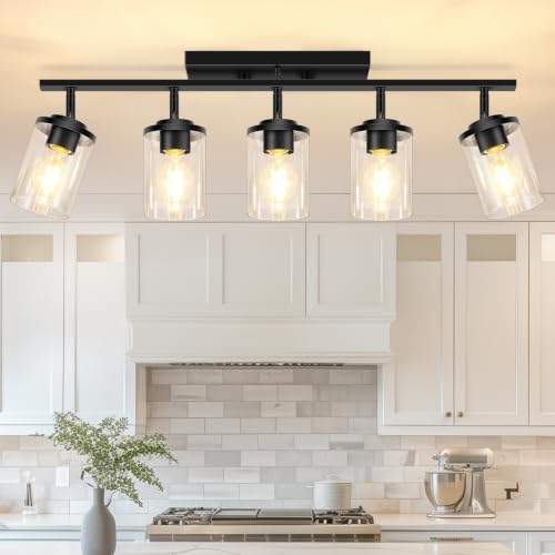FadimiKoo 5-Lights Black Semi Flush Mount Ceiling Light Fixtures, Modern Clear Glass Shade Farmhouse Kitchen Ceiling Lamp, Adjustable Rotatable Vanity Light Fixture for Hallway Entryway Dining Room - color: Black, size: 5-Lights