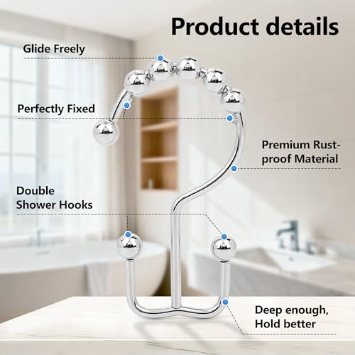 Resze 12PCS Shower Curtain Hooks, Metal Double Shower Curtain Rings, Chrome | Glide Roller Shower Hooks, Rust-Resistant Anti-Drop Shower Rings, Smooth Sliding Hooks for Bathroom Shower Rods Curtains - color: Chrome