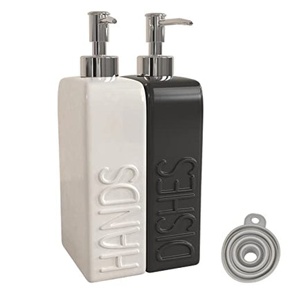 Soap Dispenser Set with Funnel, Non-Slip Silicone Pads, 2 Pack Ceramic Refillable Dish Soap and Hand Soap Dispenser for Kitchen, Bathroom, Matte Black and White - color: White & Black