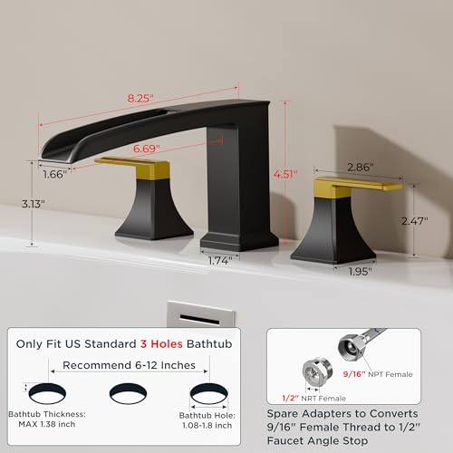 FORIOUS Roman Bathtub Faucet 3 Hole Deck Mount with 2 Handle Black and Gold | Tub Faucet for 3-Hole Set, 6-12" Centered Distance, Widespread Garden Bath Tub, Waterfall Spout, High Flow, Brass - color: Black and Gold