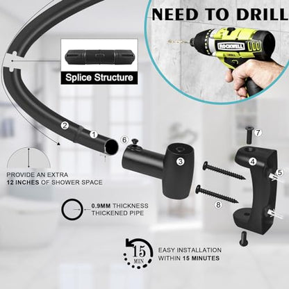 Curved Shower Curtain Rod 35-82In(2.9-6.8Ft), Matte Black Rounded Rustproof Shower Rod for Bathroom Bathtub, Adjustable Arched Shower Rod, Never Rust|Extra Space|Non-Slip|Expandable|Need to Drill - color: Matte Black