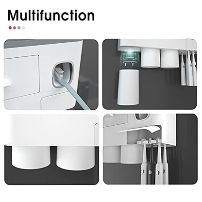 iHave Toothbrush Holders Wall Mounted with Toothpaste Dispenser & 3 Cups | All-in-One Bathroom Organizer: 3 Cups, 6 Slots, Toothpaste Dispenser, Large Tray & Drawer. Wall Mount, No Drilling Required - color: White, size: 3 cup
