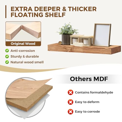 Solid Wood Floating Shelves, 24 Inch Wall Shelves, Set of 2, Oak | 8 Inch Deep, 1.6 Inch Thick, Extra-Wide Display Space, Mounting Hardware Included, For Kitchen, Bathroom and Living Room - color: Oak, size: 24x8x1.6