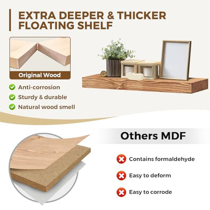 Solid Wood Floating Shelves, 24 Inch Wall Shelves, Set of 2, Oak | 8 Inch Deep, 1.6 Inch Thick, Extra-Wide Display Space, Mounting Hardware Included, For Kitchen, Bathroom and Living Room - color: Oak, size: 24x8x1.6