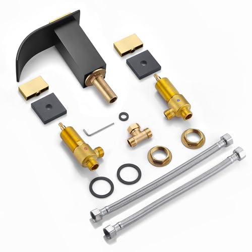 SUMERAIN 8" Widespread Bathroom Faucet 3 Hole Waterfall Basin Faucet Black and Gold Finish - color: Black and Gold