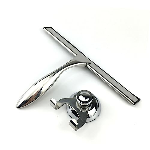 3Pcs Stainless Steel Shower Squeegee for Glass Mirror Bathroom | Suction Cup Mount, Hooks Holder, Rust-Proof Build, Weighted Handle, Space-Saving Storage Placement