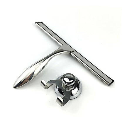3Pcs Stainless Steel Shower Squeegee for Glass Mirror Bathroom | Suction Cup Mount, Hooks Holder, Rust-Proof Build, Weighted Handle, Space-Saving Storage Placement