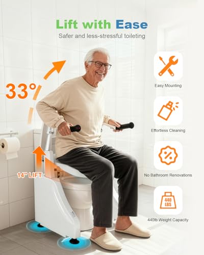 Electric Toilet Seat Lift, 3-in-1 Commode Chair Riser with Backrest, Removable Bucket & Foldable Armrest for Easy Transfer | 440 LBS Heavy-Duty, Mobility Aids for Seniors & Disabled