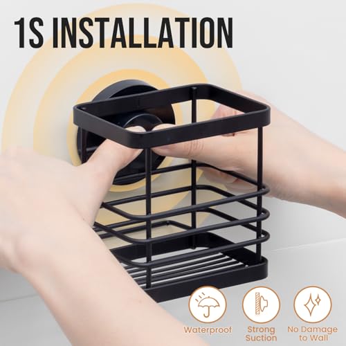 Powerful Suction Cup Stainless Steel Toothbrush Holders, Black | Removable Shower Tooth brush and Toothpaste Holder, Strong Suction Up to 11lbs, Anti-Puddling ,No Drill Bathroom Organizer - color: Black