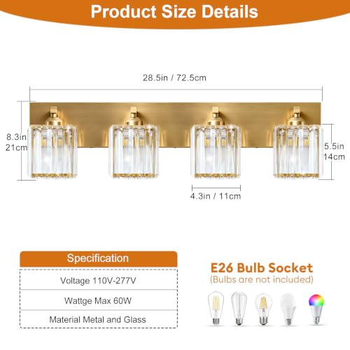 Gold Crystal Bathroom Vanity Light, 4-Light Modern Bathroom Lighting Fixtures Over Mirror,Chrome Wall Sconce Light Fixtures with Square Shade - color: Gold-Square Shade, size: 4-LIGHT
