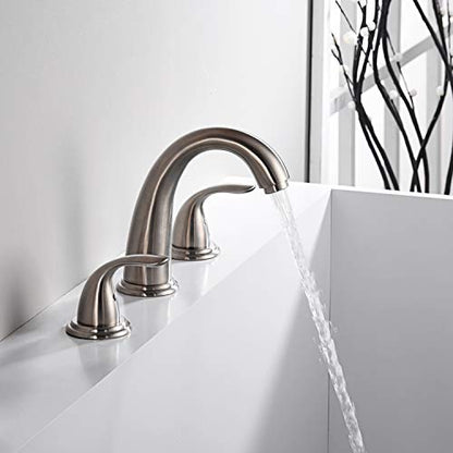 SUMERAIN Two Handle Roman Tub Faucet Brushed Nickel | with Valve, High Flow, 3 Hole, Brass, Classic Style, for Bathroom - color: Brushed Nickel, size: 4-29/32" spout reach
