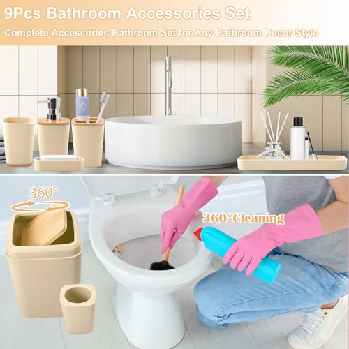 Beige Bathroom Accessories Set 9 Piece Bathroom Accessory Set with Trash Can,Toothbrush Holder,Toothbrush Cup,Lotion Soap Dispenser,Vanity Tray,Soap Dish,Toilet Brush,Qtip Holder - size: Bath Set, style: Beige