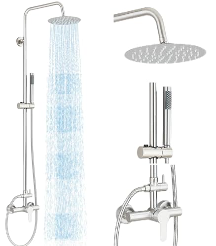 Rain Shower System Outdoor Shower Fixtures with 8" Rain Shower Head Handheld Sprayer Single Handle Wall Mounted Bathroom Shower Faucet Set Brushed Nickel for Bathroom or Backyard - color: ‎Brushed Nickel, style: Two Modes