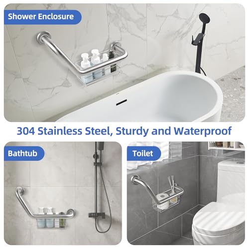 FSA Eligible, Upgrade 16 inch Angled Grab Bar with Storage Basket, Handicap Grab Bar for Elderly, Stainless Steel, Grab Bars for Shower, Bathroom Mobility Aid, Heavy Duty 550lbs Support