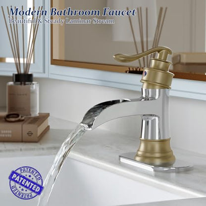 BWE Brass Waterfall Bathroom Faucet, Brushed Gold & Chrome for Modren Style | Wide Waterfall Spout, Ceramic Cartridge, Fits 1 or 3-Hole Sink, Single Handle, Hardware Kit Included, Not for Vessel Sink - color: Chrome & Gold
