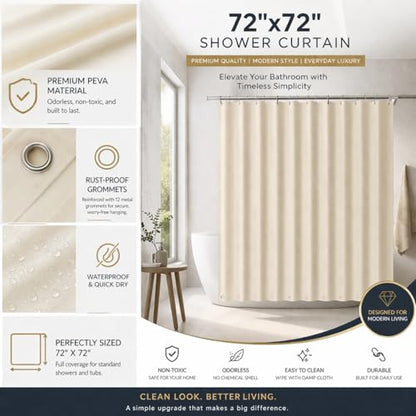 EHZNZIE Beige Shower Curtain Liner 72x72, PEVA Waterproof Bath Curtain, No Chemical Smell, 3 Weighted Magnets, Durable with Rustproof Metal Grommets - color: Beige, size: 72"W x 72"L (Pack of 1)