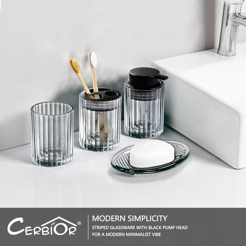 CERBIOR Bathroom Accessories Set, 4 PCS Glass Bathroom Set,Black Grey | Includes Soap Dispenser, Toothbrush Holder, Toothbrush Cup, Soap Dish for Decorative Countertop and Housewarming Gift - style: Black Grey