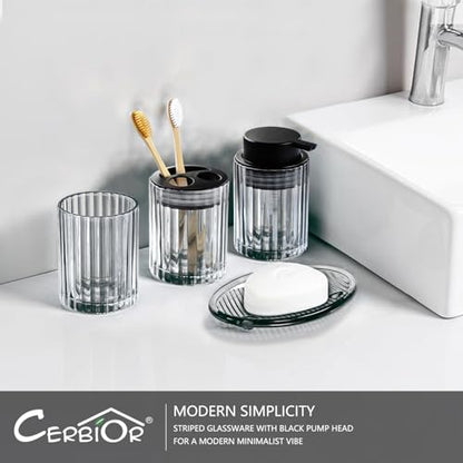 CERBIOR Bathroom Accessories Set, 4 PCS Glass Bathroom Set,Black Grey | Includes Soap Dispenser, Toothbrush Holder, Toothbrush Cup, Soap Dish for Decorative Countertop and Housewarming Gift - style: Black Grey