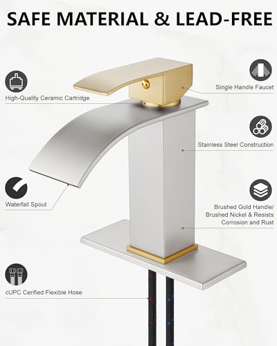 Midanya Waterfall Bathroom Faucet 1 Hole,Brushed Gold Handle/Brushed Nickel | with 24” Hoses,Pop Up Drain,6” Deck Plate,for 1 or 3 Hole Vanity,Lavatory,RV,Single Handle Bathroom Sink Faucet,NSF Certified - color: Gold Handle/Nickel