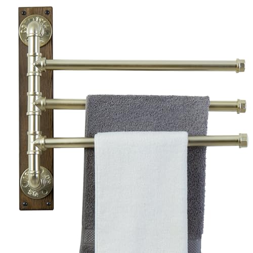 MyGift Swivel Towel Rack, Wood Towel Bar Holder with 3 Tier Industrial Metal Pipe, Wall Mount Towel Hanger Storage for Bathroom, Kitchen, Pool Outdoor (Brass) - color: Brass Tone