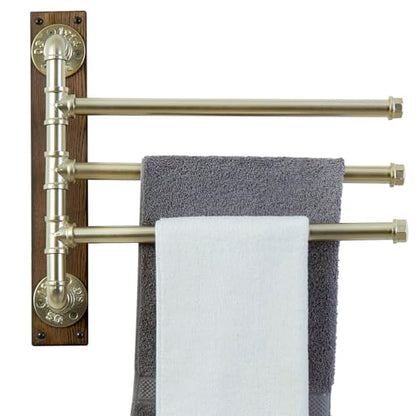 MyGift Swivel Towel Rack, Wood Towel Bar Holder with 3 Tier Industrial Metal Pipe, Wall Mount Towel Hanger Storage for Bathroom, Kitchen, Pool Outdoor (Brass) - color: Brass Tone