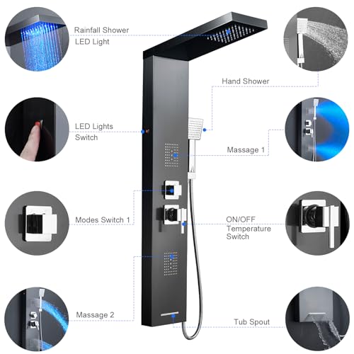5-in-1 LED Shower Panel Tower System Stainless Steel Black | LED waterfall + rainfall | 2-in-1 body jets | Handheld shower | Bathtub filler | Wall mount - color: Black