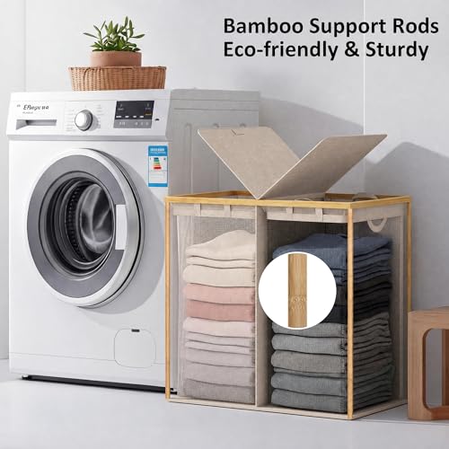 efluky Laundry Hamper with Lid, Double Laundry Basket with 2 Removable Bags, 2 Section Laundry Bin with Bamboo Handles for Bathroom, Bedroom & Laundry Room, 140L (36.9 Gallon) Oat - color: Oat, size: 140L Dual