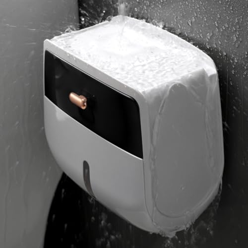 Toilet Paper Holder Wall Mount, Self Adhesive Paper Towels Holder with Drawer and Shelf Watertight Tissue Dispenser Semi-Auto Switch Toilet Tissue Roll Holders for Bathroom(Black)