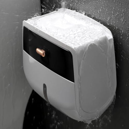 Toilet Paper Holder Wall Mount, Self Adhesive Paper Towels Holder with Drawer and Shelf Watertight Tissue Dispenser Semi-Auto Switch Toilet Tissue Roll Holders for Bathroom(Black)