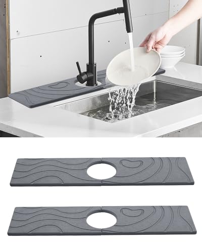 2-Pack Stone Faucet Mat for Kitchen Sink, Diatomite Drying Absorbing Tray | Olldag Drip Catcher Splash Guard Water Protector for Faucet Bathroom Counter - Dark Grey (15.7"x4") - size: 15.7x4 Inch
