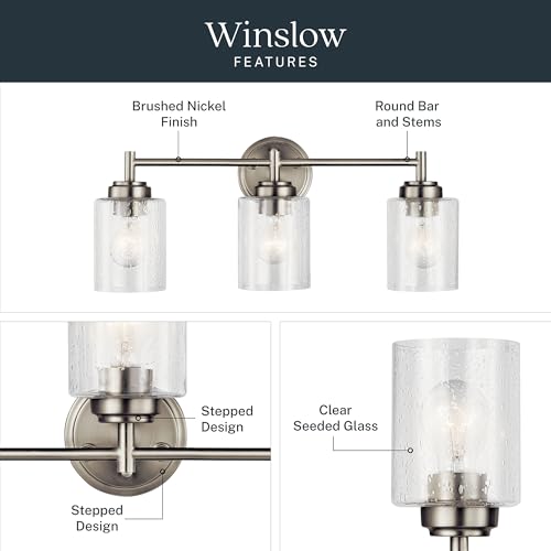 Kichler Winslow 21.5" Vanity Light in Brushed Nickel, 3-Light Transitional Bathroom Light with Clear Seeded Glass. (21.5" W x 9.25" H), 45886NI | Clear seeded glass vanity light for bathroom mirrors (21.5" x 9.25" x 12"), 45886NI - color: Brushed Nickel,