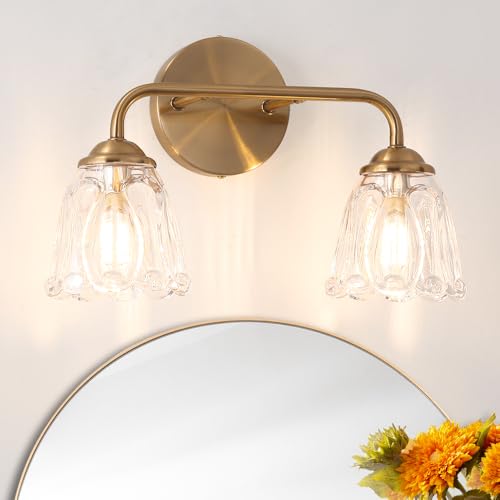 Daunton Vintage Brass Vanity Light, 2-Light Bathroom Lighting Fixtures Over Mirror, Elegant Vanity Lighting for Bathroom with Clear Glass Shade, Gold Wall Sconce Lighting for Bedroom, Living Room - color: Gold, size: 14.17in