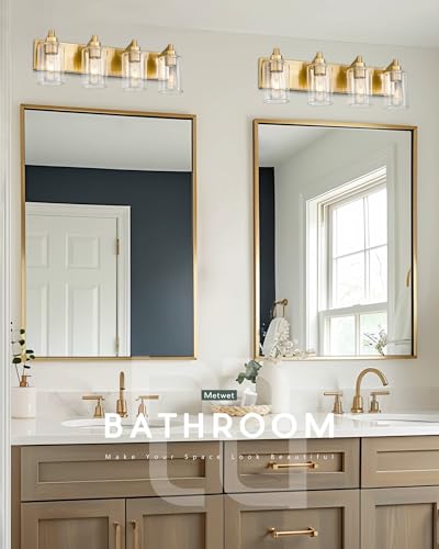 4-Light Brushed Gold Bathroom Vanity Light, Clear Cylinder Glass | 24.5" modern bathroom light fixtures over mirror, E26 base, bulbs not included, VL143-BG-4 - color: Brushed Gold, Cylinder Glass Shade, size: 4-light