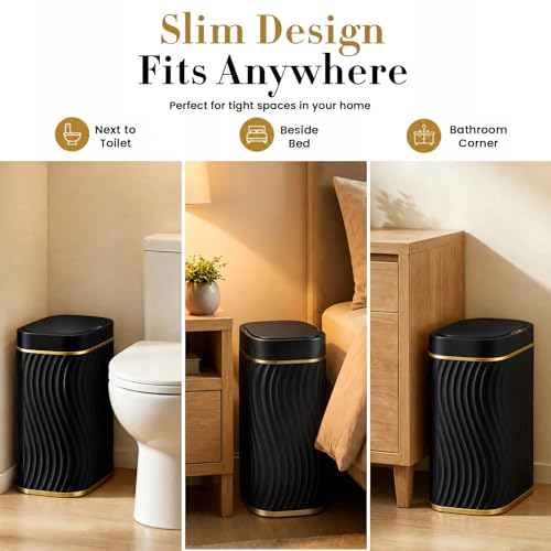 Ogikey Bathroom Small Trash Can with Automatic Touchless Lid, 2.6 Gallon Smart Garbage Can Narrow Waterproof Trash Bin for Bedroom, Office, Living Room - color: 2.6 gallon-Gold Black