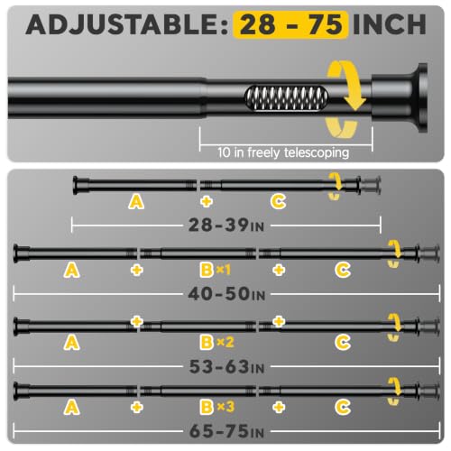 Black Tension Curtain Rods 28 to 75 Inch,1"Heavy Duty Shower Curtain Rod，No Slip No Drill Adjustable Shower Rod for Bathroom, Window, Closet & Wardrobe - color: Black, size: 28-75 inch