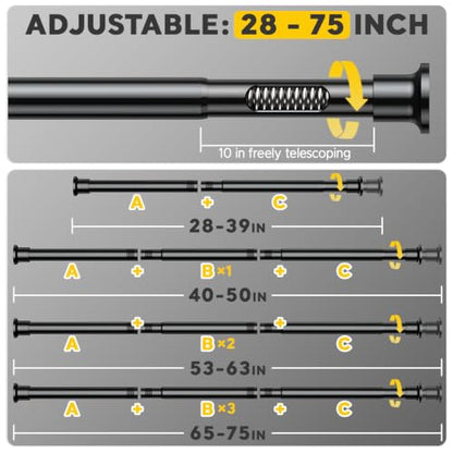 Black Tension Curtain Rods 28 to 75 Inch,1"Heavy Duty Shower Curtain Rod，No Slip No Drill Adjustable Shower Rod for Bathroom, Window, Closet & Wardrobe - color: Black, size: 28-75 inch