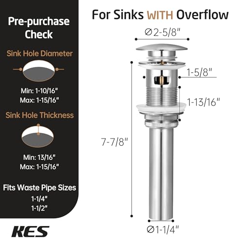 KES Bathroom Vessel Vanity Sink Pop Up Drain Stopper with Overflow | Brushed Nickel, for 1.6"-1.9" Sink Hole, All Metal Rustproof Brass and 304 Stainless Steel, Brushed Nickel, S2008A-BN - color: Brushed Nickel, style: With Overflow, 1 Pack